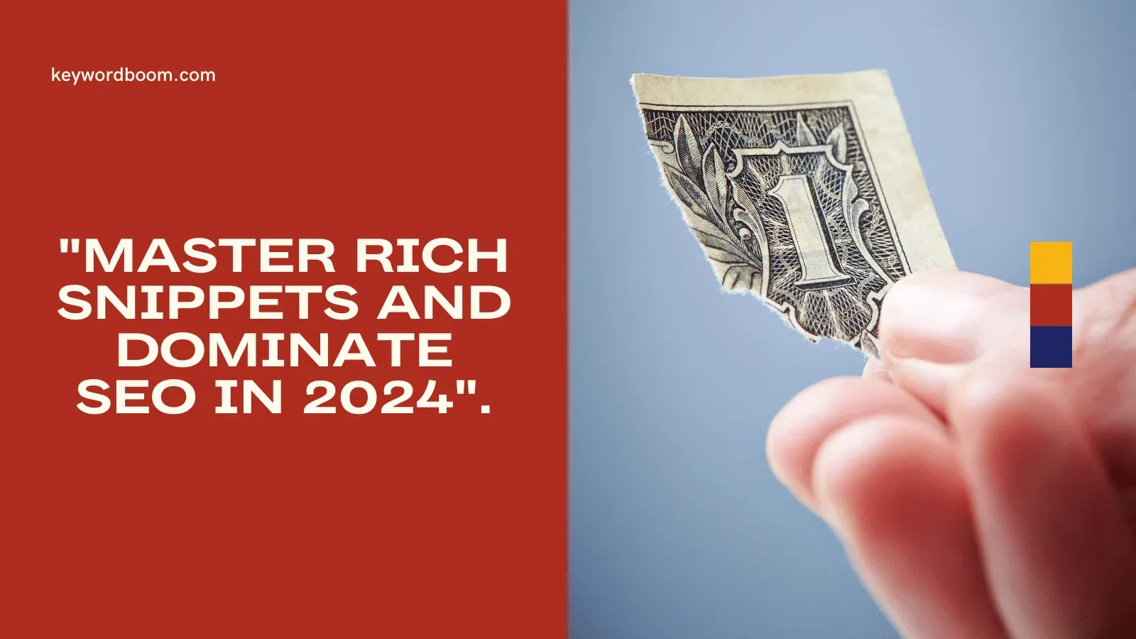 Hand holding a torn one-dollar bill against a red and blue background with SEO text overlay.
