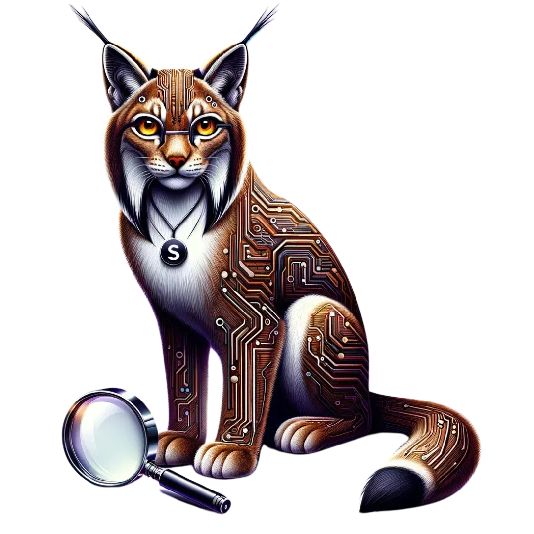 Illustration of a lynx with half of its body represented as electronic circuitry, holding a magnifying glass.