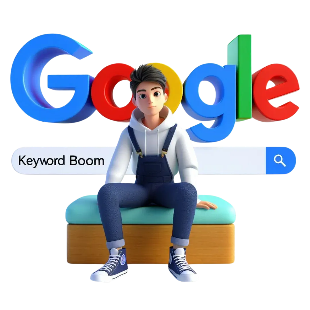 Animated character sitting in front of stylized Google logo with search bar reading "Keyword Boom."